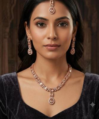 Champagne color necklace set with earrings and maang tikka     agate stone, antique gold plating 1