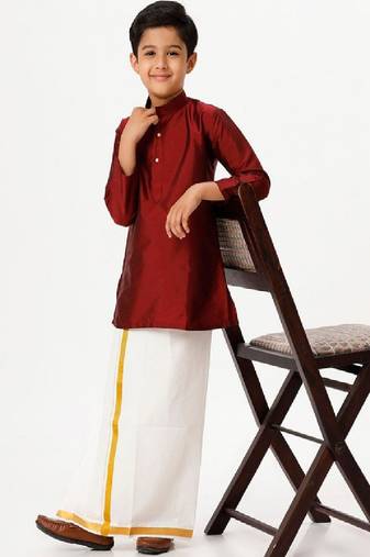 Maroon silk blend kurta with jari dhoti set