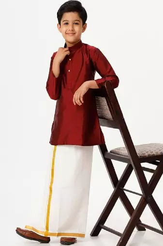 Maroon silk blend kurta with jari dhoti set