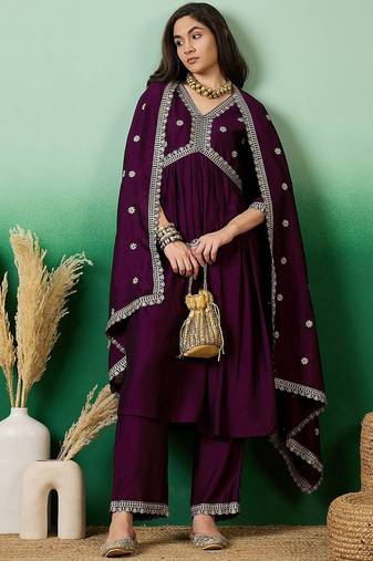 purple embroidered empire anarkali kurta with trousers & dupatta