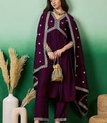 purple embroidered empire anarkali kurta with trousers & dupatta