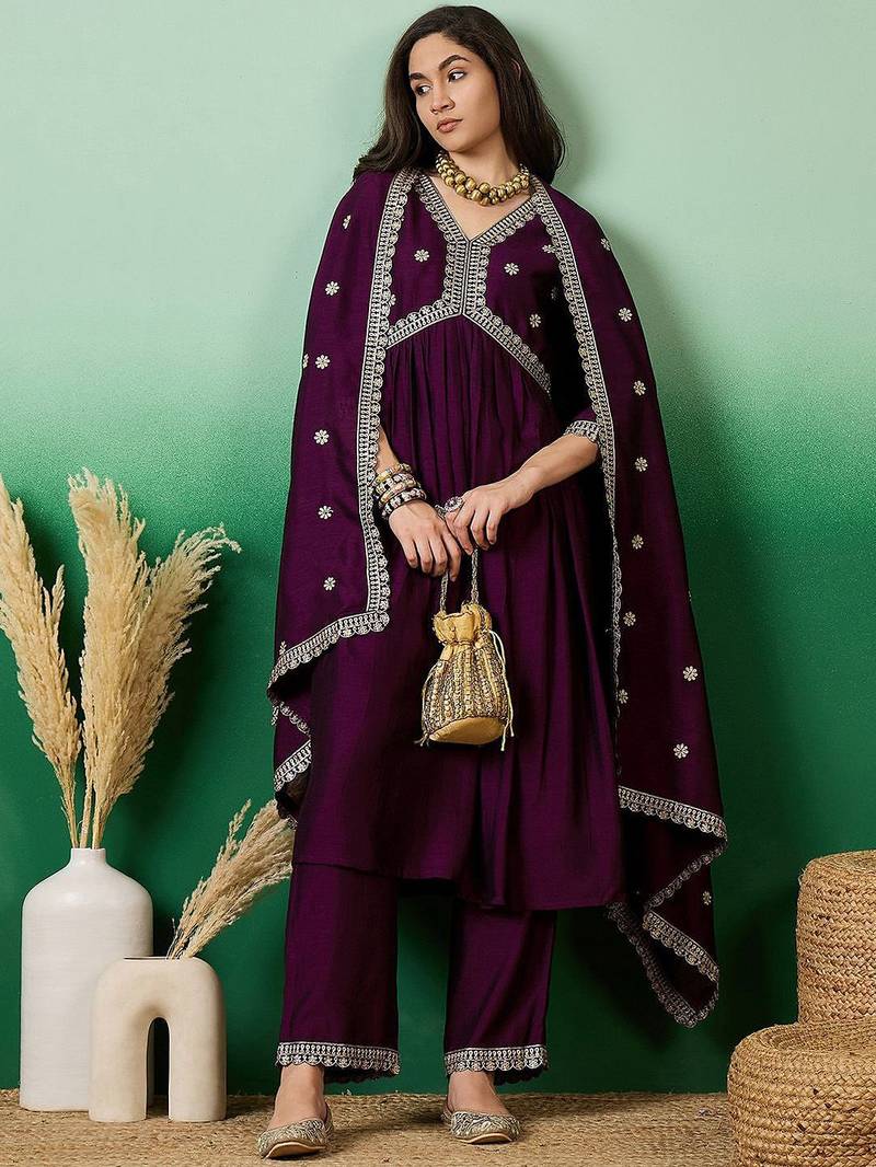 purple embroidered empire anarkali kurta with trousers & dupatta