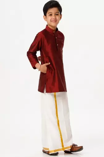 Maroon silk blend kurta with jari dhoti set