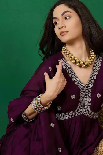 purple embroidered empire anarkali kurta with trousers & dupatta