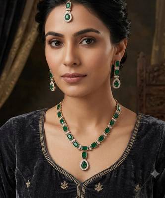 Green color necklace set with earrings and maang tikka     agate stone, antique gold plating 1