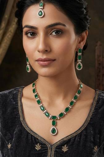 Green color necklace set with earrings and maang tikka     agate stone, antique gold plating
