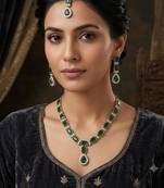 Green color necklace set with earrings and maang tikka     agate stone, antique gold plating