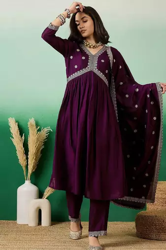 purple embroidered empire anarkali kurta with trousers & dupatta