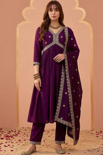 embroidered v-neck alia cut kurta & trousers with dupatta