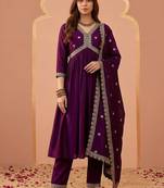 embroidered v-neck alia cut kurta & trousers with dupatta