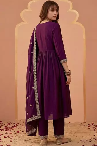 embroidered v-neck alia cut kurta & trousers with dupatta
