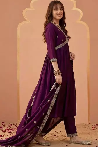 embroidered v-neck alia cut kurta & trousers with dupatta