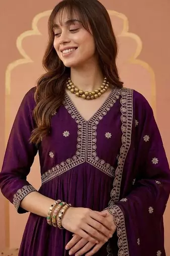 embroidered v-neck alia cut kurta & trousers with dupatta