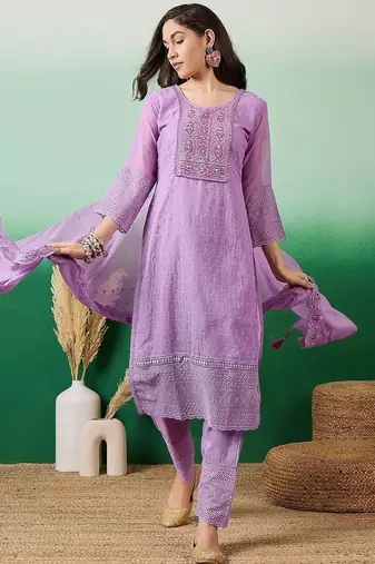 embroidered a-line kurta with trouser & dupatta
