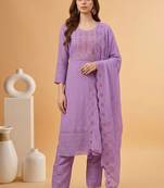 zari sequence mirror-work embroidered round neck kurta & trousers with dupatta