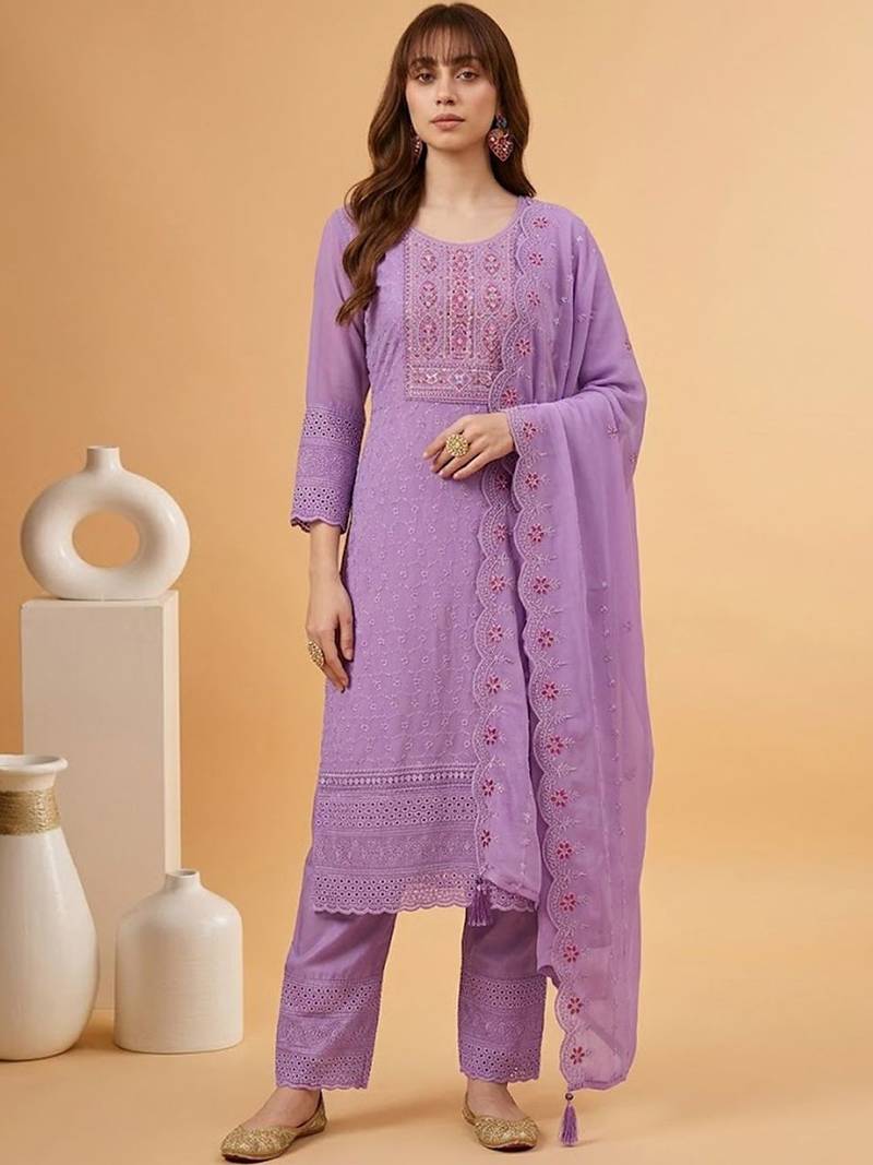 zari sequence mirror-work embroidered round neck kurta & trousers with dupatta