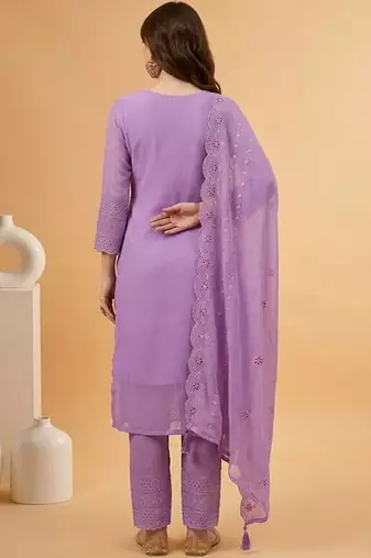 zari sequence mirror-work embroidered round neck kurta & trousers with dupatta