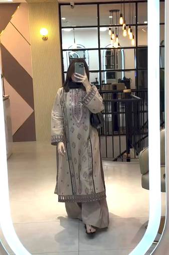 Beige colour embroidered faux georgette kurti palazzo set with dupatta