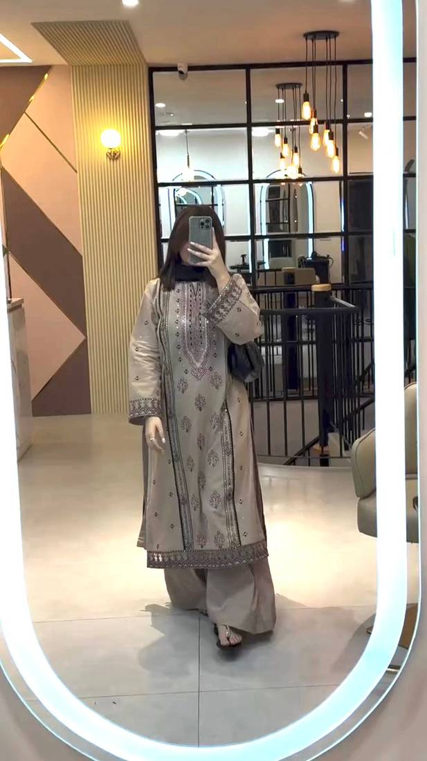 Beige colour embroidered faux georgette kurti palazzo set with dupatta