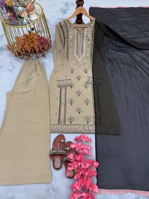 Beige colour embroidered faux georgette kurti palazzo set with dupatta 2