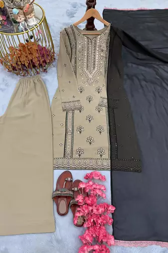 Beige colour embroidered faux georgette kurti palazzo set with dupatta