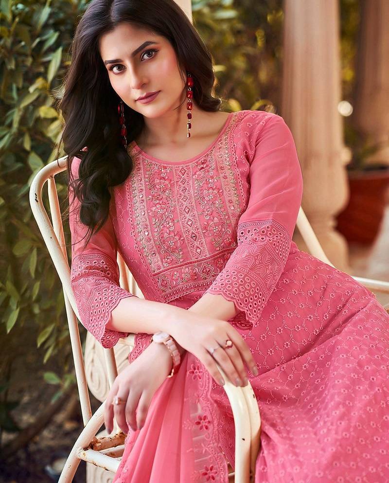 embroidered a-line kurta with trouser & dupatta