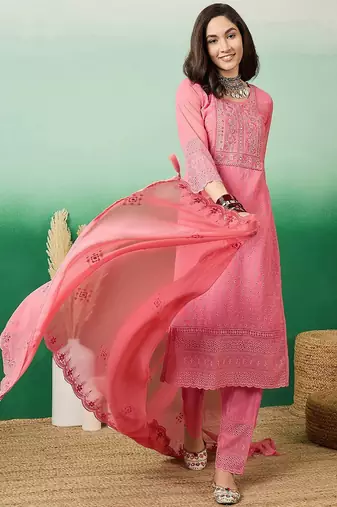embroidered a-line kurta with trouser & dupatta