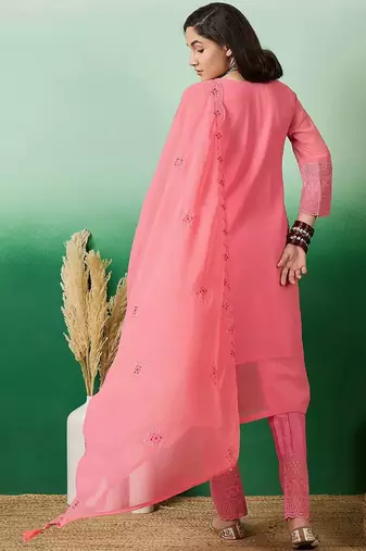 embroidered a-line kurta with trouser & dupatta