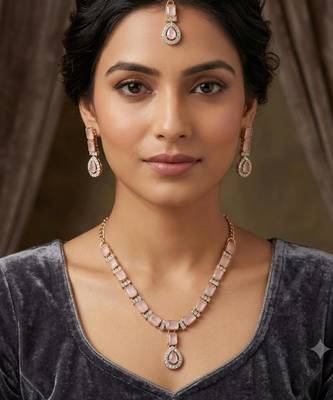 Baby pink color necklace set with earrings and maang tikka     agate stone, antique gold plating 1