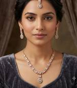 Baby pink color necklace set with earrings and maang tikka     agate stone, antique gold plating