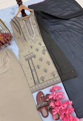 Beige colour embroidered faux georgette kurti palazzo set with dupatta 3