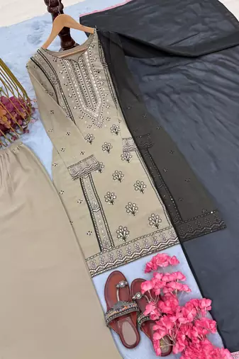 Beige colour embroidered faux georgette kurti palazzo set with dupatta