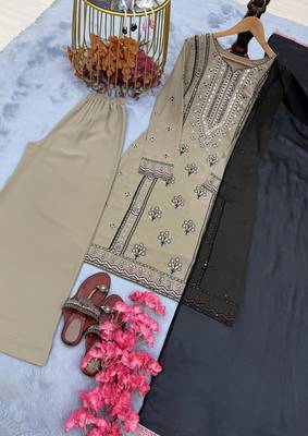 Beige colour embroidered faux georgette kurti palazzo set with dupatta 4