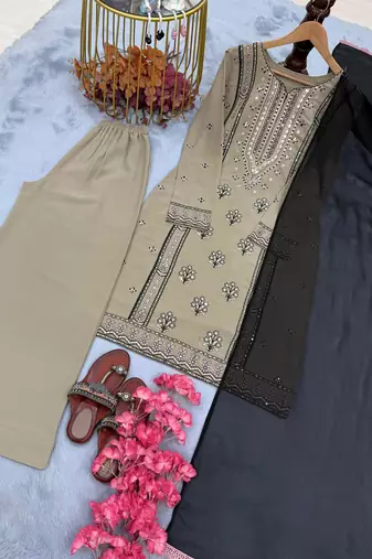 Beige colour embroidered faux georgette kurti palazzo set with dupatta
