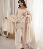 Cream colour glass roman silk embroidered kurta farshi salwar set with dupatta