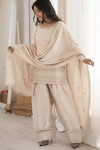 Cream colour glass roman silk embroidered kurta farshi salwar set with dupatta