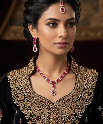 Maroon color necklace set with earrings and maang tikka     agate stone, antique gold plating 1