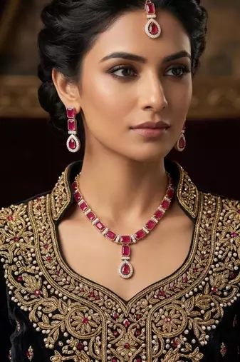 Maroon color necklace set with earrings and maang tikka     agate stone, antique gold plating