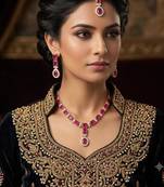 Maroon color necklace set with earrings and maang tikka     agate stone, antique gold plating