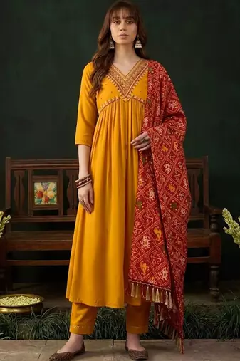 zari embroidered v-neck kurta & trousers with dupatta