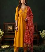 zari embroidered v-neck kurta & trousers with dupatta