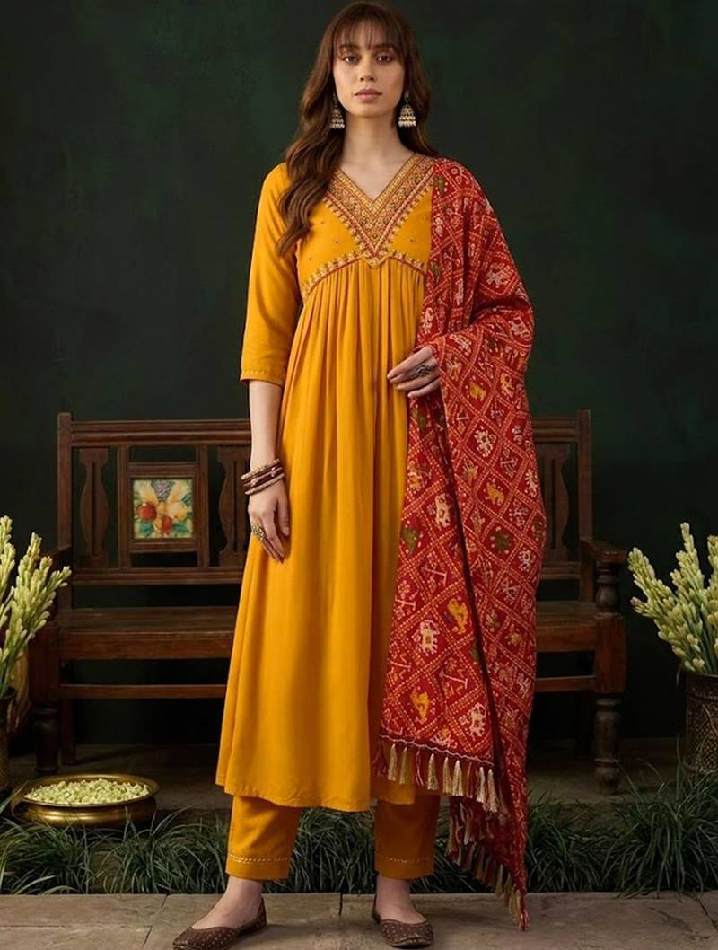 zari embroidered v-neck kurta & trousers with dupatta