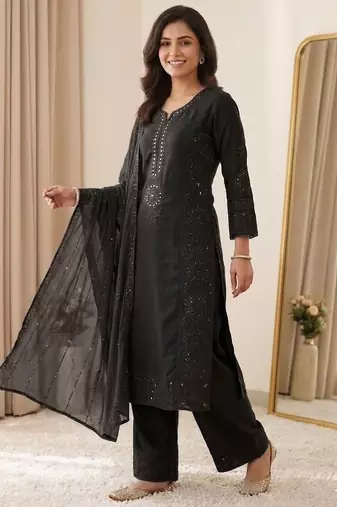 Black colour mal chanderi mirror work kurta palazzo set with organza dupatta