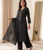 Black colour mal chanderi mirror work kurta palazzo set with organza dupatta