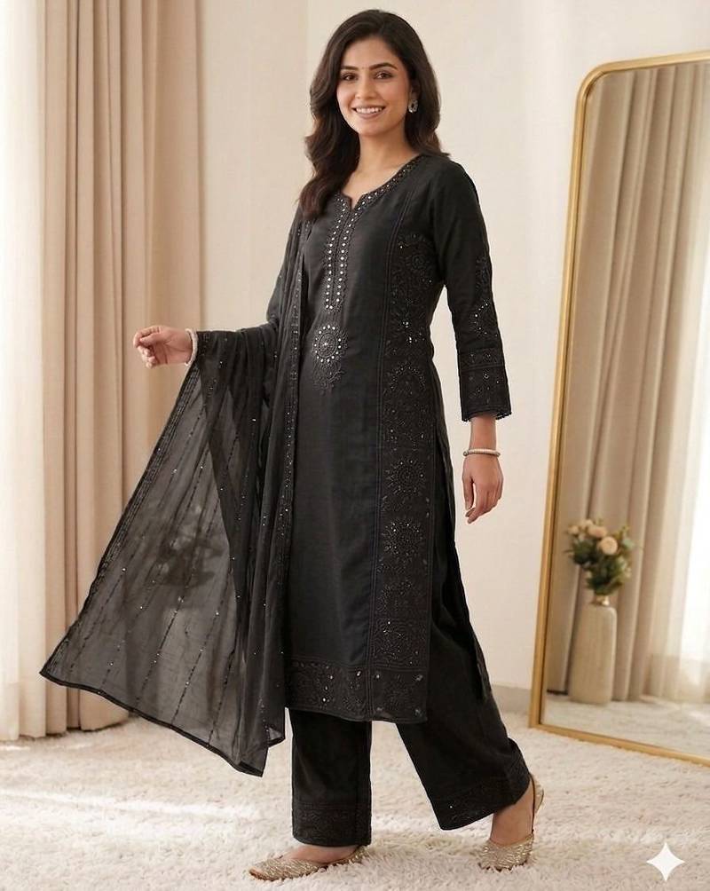 Black colour mal chanderi mirror work kurta palazzo set with organza dupatta