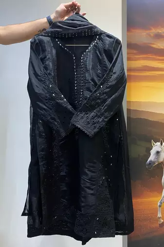 Black colour mal chanderi mirror work kurta palazzo set with organza dupatta
