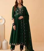 embroidered v-neck kurta & trousers with dupatta