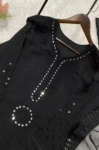 Black colour mal chanderi mirror work kurta palazzo set with organza dupatta