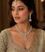 Pista color necklace set with earrings and maang tikka     agate stone, antique gold plating