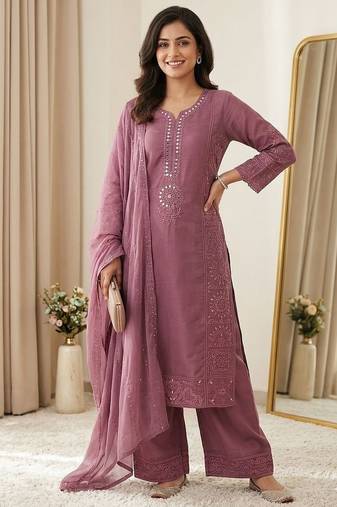 Mauve colour mal chanderi mirror work kurta palazzo set with organza dupatta